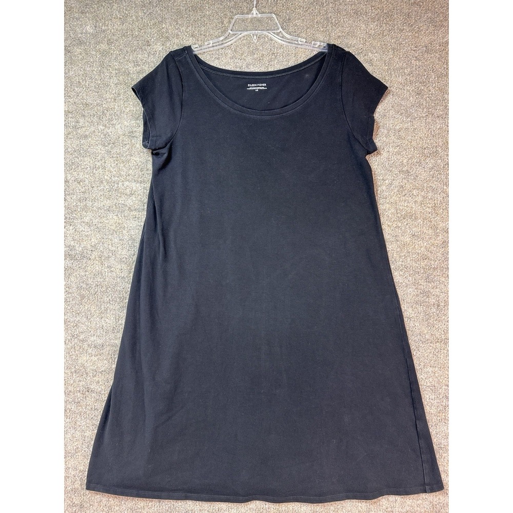 EILEEN FISHER Dress L Organic Cotton Stretch Jersey T-Shirt Cap Sleeve Black USA